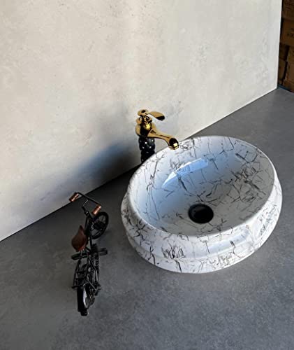 Image of Designer Glossy Finish Ceramic Art Table Top Wash Basin For Bathroom | Collapsible Countertop Washbasin (Black White Glossy Art, 16 x 13 x 6 Inch)