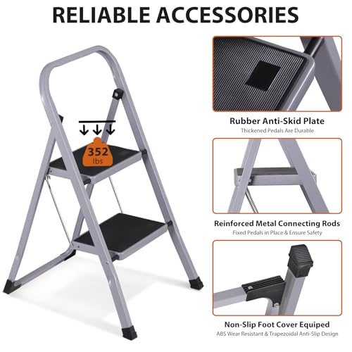 ZENY 2 Step Ladder Folding Step Stool with Wide Anti-Slip Pedal, Convenient Handgrip, Portable Steel Step Stool, 300 lbs Sturdy Steel Ladder for Household and Office, Gray by ZENY - Used condition - Image 3