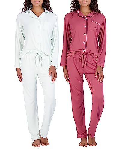 Real Essentials 2 Pack: Womens Long Sleeve Pajama Sets Button Up Down Pjs Pajamas Set Winter Warm Soft Ladies Sleepwear Sleeping Night Lounge Top Pants Bottoms Women Silky Mujer Pyjama Set 9, S #TOP19