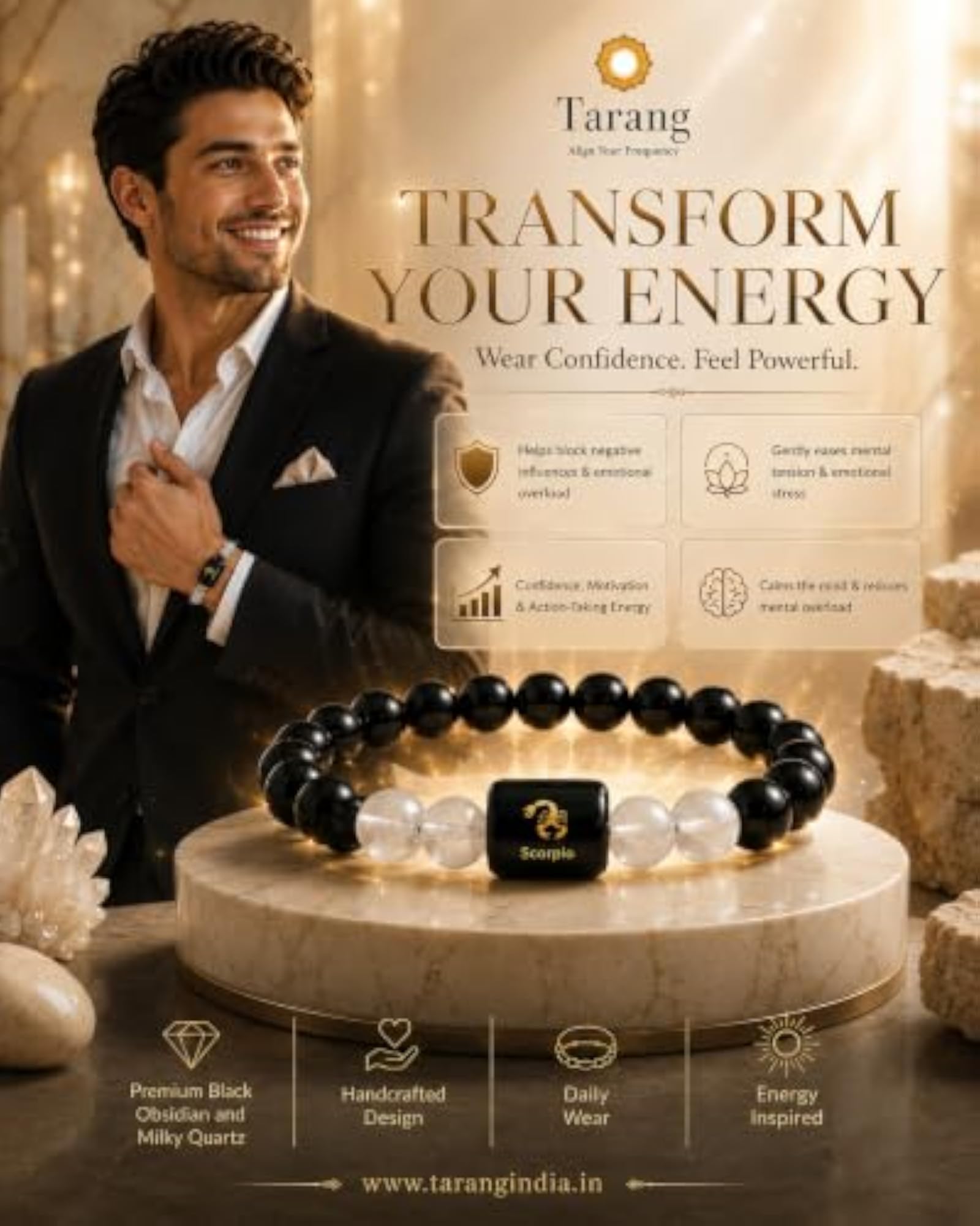 Scorpio Zodiac Bracelet Black Obsidian & Milky Quartz Beads