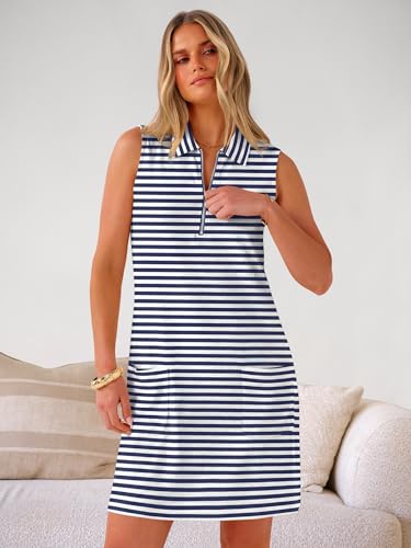 Image of ANRABESS Womens Summer Dresses Casual Sleeveless Ribbed Half Zip Polo Collar Tshirt Dress 2026 Spring Tunics Short Sundress