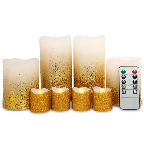 Flameless Candles,Battery Operated LED Candles with Remote and Timer,Fake Electric Candles Flickering Flameless Candles for Wedding,Holiday,Party,Home (Set of 8,Gold)