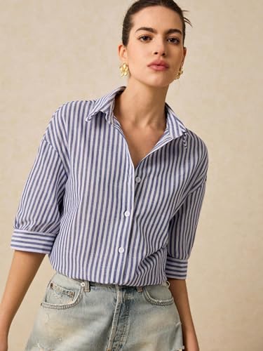 Image of IndoPrimo Women's Classic Fit Striped Print Poly Cotton Shirt with 3 /4 Sleeve Mandarin Neck Standard Length and Button Down Closure Type