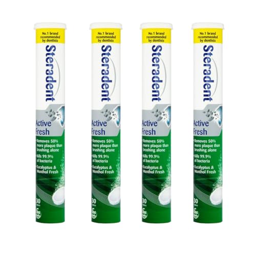 4 Pack Active Fresh Denture Cleaning Tablets - 120 Tablets False Teeth Cleaner Retainer Denture & Mouth Guard Sterilising Tablets Multipack Bundle for Fresh Hygiene and Stain Removal