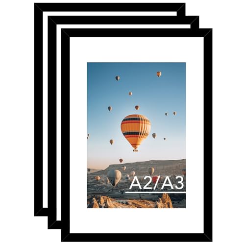 JCJMY 16.5x23.4 A2 Picture Frame Set of 3 Black with 11.7x16.5 A3 Mat, Display Photo 11.7x16.5 with Mat or 16.5 x 23.4 Without Mat, Wall Hanging Large Frame with Plexiglass, 3 Pack, Black