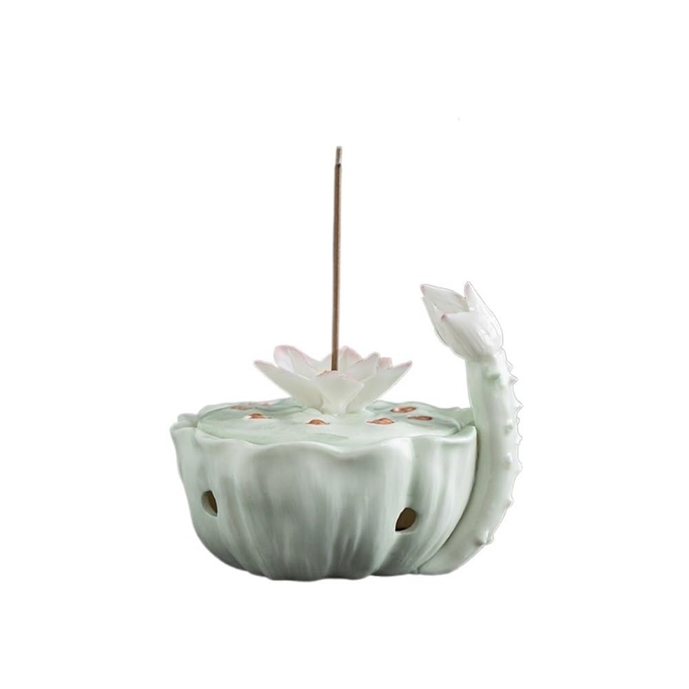 Bruciatore di incenso decorativo a forma di loto con coperchio, fiori in ceramica modellati a mano, per studio, casa o ufficio