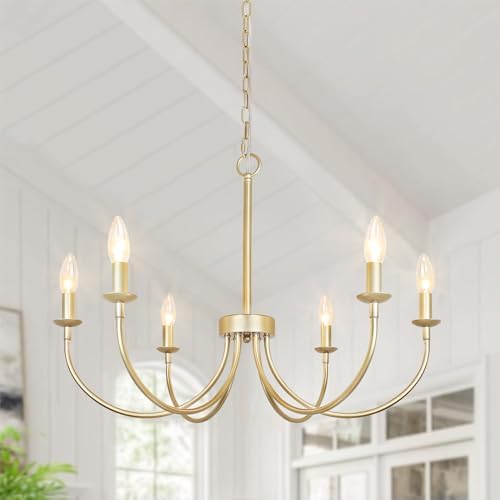 Modern Gold Chandelier 26โ, 6-Light Farmhouse Dining Room Light Fixture