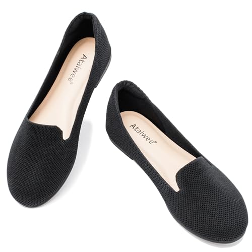 Image of Ataiwee Women's Wide Width Flat Shoes, Cute Plus Size Round Toe Slip on Loafer Shoes.(1910013-6,BK /FK,8.5 Wide)