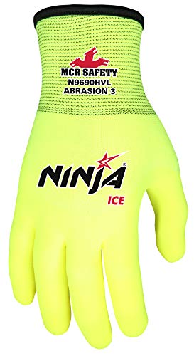 Mcr Safety Ninja® Ice Hi-Visibility 15 Gauge Nylon Insulated Cold Weather Gloves, Acrylic Terry Inner, 3/4 Hpt Coating, Yellow, Large , 1-Pair #TOP1