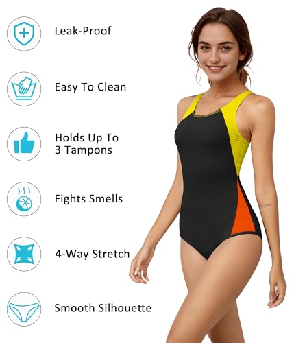Image of Beautikini Period Swimwear One Piece Leakproof Menstrual Swimsuit Racerback Color Block Bathing Suit for Teen Girls Women