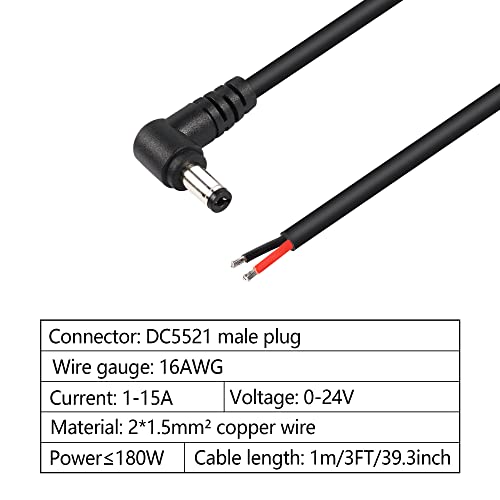 GINTOOYUN 2 Pack 90 Degree DC Power Pigtails Cable, Right Angle DC 5.5mm x 2.1mm Male Plug to Bare Wire Open End Power Supply Replacement Repair Cord, for Monitors, LED Strip Light, Camera,3FT 1m by GINTOOYUN - Used condition - Image 3