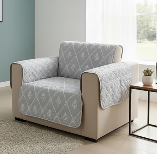 Image of House of Quirk 'Mughal Series' Anti-Slip Sofa Cover Mat with Pocket | Polyester Couch Protector for Pets, Kids & Spills (Grey Canvas, 180x60cm, One Seater)