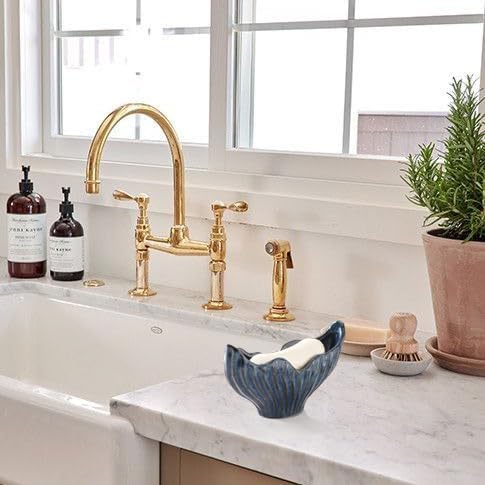 Sponge Holder for Kitchen Sink, Ceramic Sponge Holder with Fishtail Design, Sink Sponge Holders Caddy Organizer for Countertop, Farmhouse Kitchen Decor, Compact Sponge Holders(Blue)