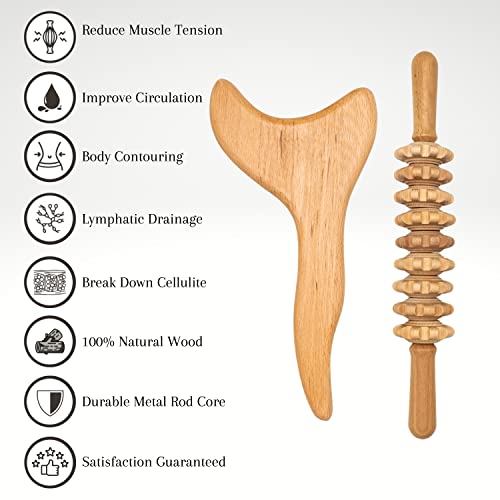 Professional Wood Therapy Massage Tools - 2 Pc Wooden Massager Set - Roller Stick And Gua Sha Body Contouring Tool - Maderotherapy Kit - Lymphatic Drainage - Anti Cellulite Body Sculpting #TOP1