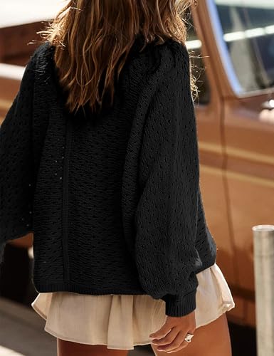 Image of Women Oversized Knit Sweatshirt Hollow Long Sleeve Button Drawstring V Neck Pullover Sweaters (Black-XL)