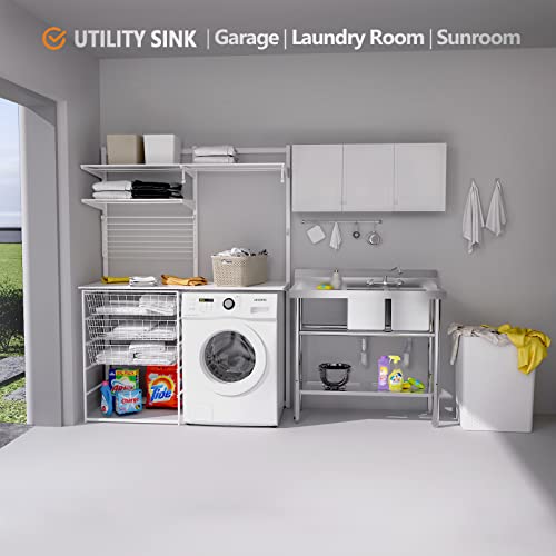 Vingli 39" W 2 Compartment Commercial Sink With Drainboard, Double Basin Sink And A Shelf Underneath, 304 Stainless Steel Table With Sink, Freestanding Utility Sink And Countertop For Restaurant, Shop #TOP3