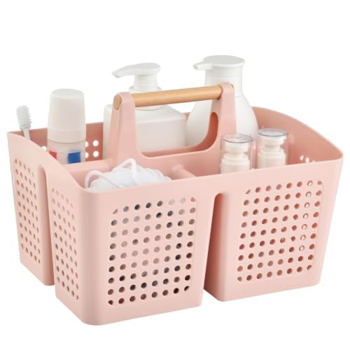 PAKCHOICE Portable Shower Caddy Basket with 3 Compartments and Handle, Pink