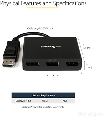 StarTech.com 3-Port Multi Monitor Adapter - DisplayPort 1.2 MST Hub - Dual 4K 30Hz & 1x 1080p - Video Splitter for Extended Desktop Mode on Windows PCs Only - DP to 3x DP Monitors (MSTDP123DP)