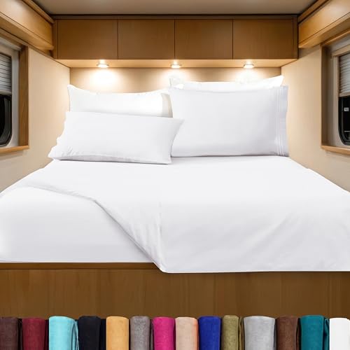 Image of Elegant Comfort Luxurious 1500 Premium Hotel Quality Microfiber Three Line Embroidered Softest 4-Piece Bed Sheet Set, Wrinkle and Fade Resistant, RV Short Queen, White