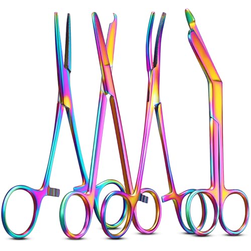 Image of BBTO Hemostat Curved and Straight Hemostat Forceps Piercing Pliers Forceps, Stainless Steel Straight and Curved Pliers, Fishing Tweezer(Colorful,4 Pcs)