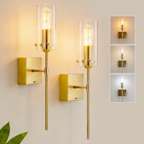 Image of Battery Operated Wall Sconce Glass Wireless Sconces Set of 2 Gold | Wall Sconces Rechargeable with Remote Control Dimmable Wall Light for Bedroom Living Room Hallway Entryway, 3000-6500K
