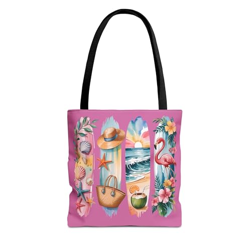 Tropical Summer Tote Bag for Women – Pink Beach Bag with Flamingo, Seashells, Coconut Drink, Surfboard – Vacation Gift