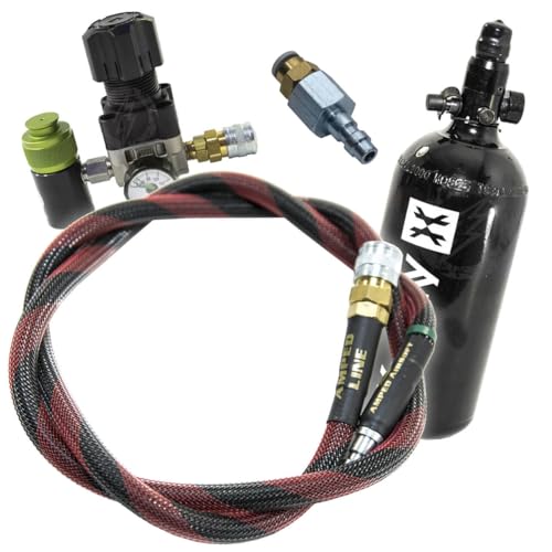 Amped Airsoft HPA Starter Package with SLP Tank, Regulator, and Air Line, Black, HPA Player Kit for All Major Brands (Black & Red Spiral)