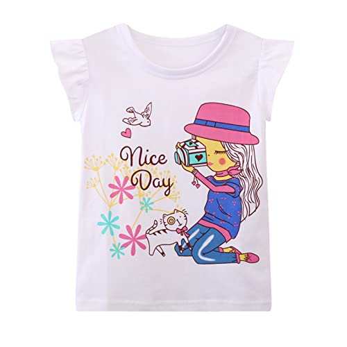 Girls' Short Sleeve Tees Shirts Ruffle Cotton Casual Graphic Butterfly Pink White Summer Crewneck Jersey Tunic Tops Size 7 #TOP1