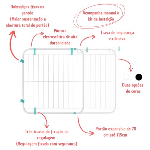 Portão Expansivo Proteção Criança Cão Pet De 70 A 115 Cm