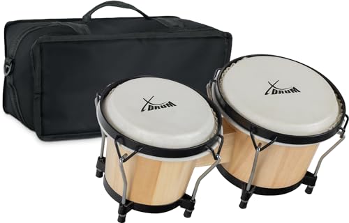 XDrum PERC Bongos Club Natur - 2 Trommeln mit 6' und 7' - Bongotrommeln mit stimmbaren Naturfellen und Stimmschlüssel - Holztrommeln Natur - Set inkl. gepolsterter Bongotasche aus Nylon