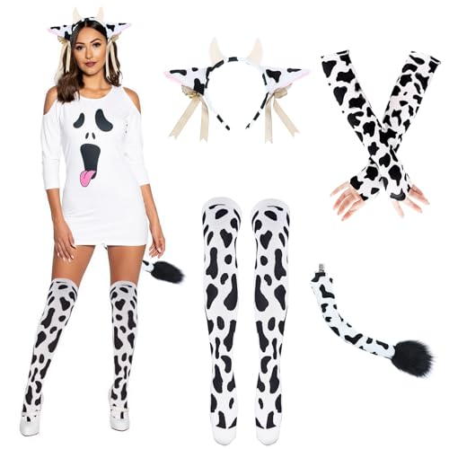 Popuid 4Pcs Womens Cow Ears Headband & Tail Costume Set Cows Print Arm Sleeves & Socks for Halloween Adults Cosplay Accessories (Black & White)