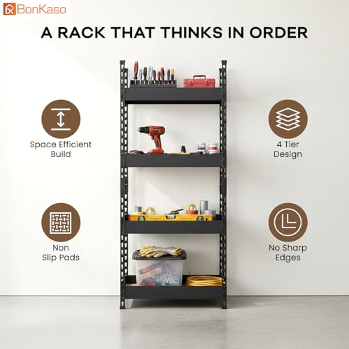 Image of Bonkaso 4 Tier Adjustable Boltless Metal Storage Rack for Home, Garage, Office & Shop | Heavy Duty Rust-Resistant Shelving Unit with MDF Wooden Shelves | Utility Display Stand, Black, (60x36x109 cm)
