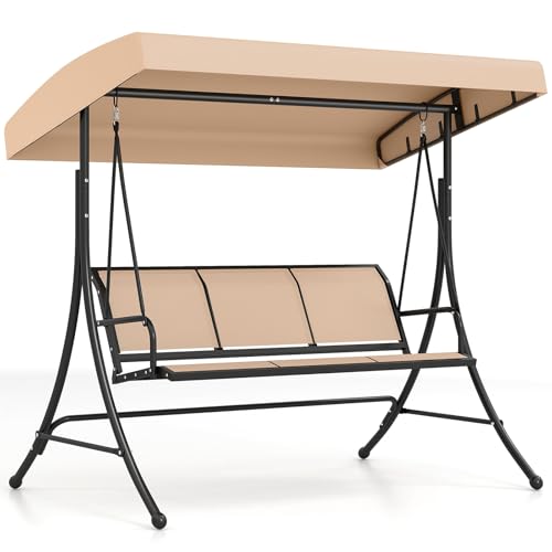 Image of Tangkula 3 Person Porch Swing, Patio Swing with Adjustable Canopy, Heavy-Duty Frame, Breathable Fabric, Outdoor Swing for Porch, Garden, Backyard, Poolside, 800 LBS Max Load