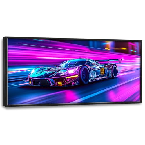 Flintis Large Racing Car Framed Wall Art Neon Race Supercar Pictures Wall Decor Abstract Colorful Car Canvas Painting Print Artworks Decor Framed for Living Room Bathroom Master Bedroom 60L X 30W