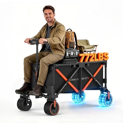 WISELD GT3 Electric Wagon Cart with Seat for Adults Rideable & Tow-Assist Foldable Motorized Utility Wagon 1500W Heavy Duty Power Hauler 551 Lbs Load for Camping Farm Property & Trade Show