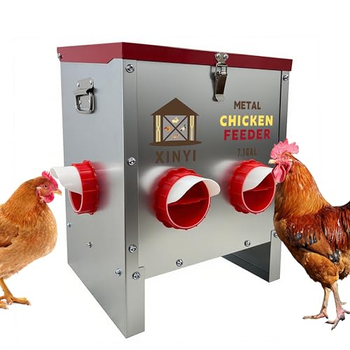 XINYI 7.1 Gallon Auto Chicken Feeder, 6 Ports Galvanized Chicken Feeder,Large Chicken Food Container No Waste & Rodent Proof Chicken Food Dispenser System, Weatherproof Duck Feeder