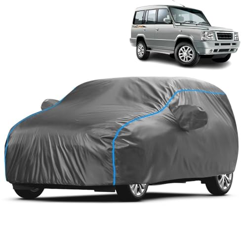 Image of Kerwa Car Body Cover Waterproof with Tata Sumo Gold, Dust & UV Resistant All-Weather Proof Full Body Cover, Grey with Blue Lining, Triple Stitched Elastic Bottom with Mirror Pocket