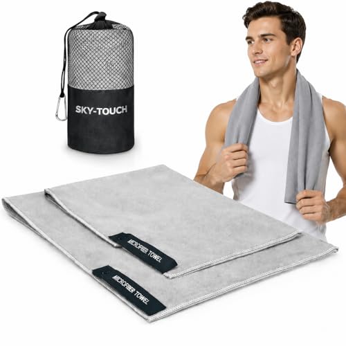 SKY-TOUCH 2 PCS Quick Dry Gym Towel Microfiber Towel with Carry Bag for Beach Gym Backpacking Sports Yoga Swim Use - Super Absorbent and Ultra-compact 76152cm and 4080cm Gray
