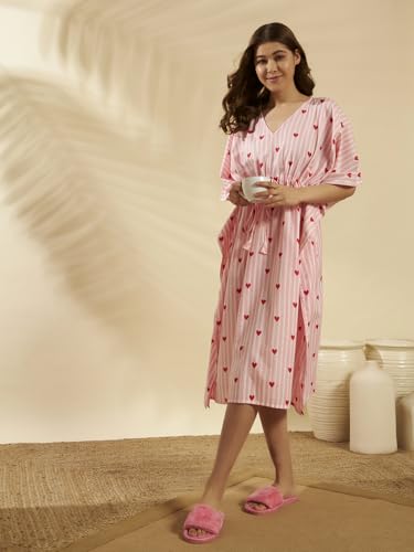 Image of Ravaiyaa Women Printed Cotton V-Neck Knee Length Kaftan Dress Nighty