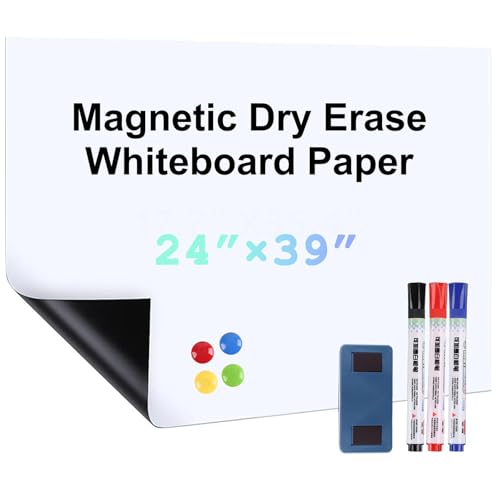 MYIYCESQ Papel magnético de borrado en seco, pizarra blanca magnética de 24 x 39 pulgadas, pizarra blanca autoadhesiva, fácil de escribir y limpiar, oficina, hogar, con marcador, borrador magnético e