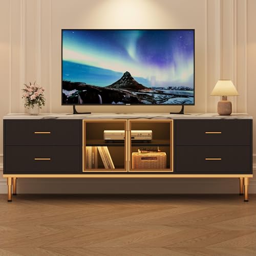 Garvee 79" LED TV Stand for 75/80/85 Inch TV, Modern Fluted Entertainment Center TV Console with 4 Drawers, Glass Doors, 2 Shelves, Golden Legs, Faux Marble Top for Living Room, Black by Garvee - Image 4
