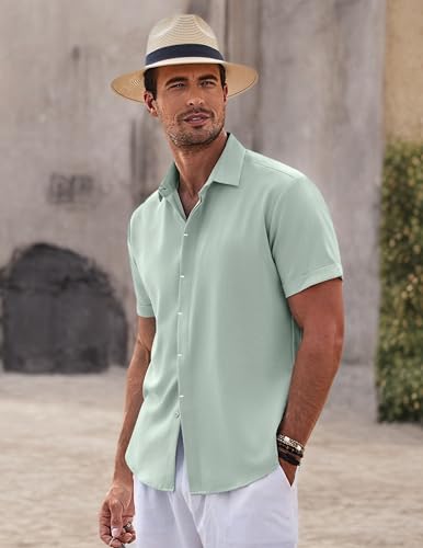 Image of COOFANDY Men's Linen Shirts Short Sleeve Casual Shirts Button Down Shirt for Men Beach Summer Wedding Shirt