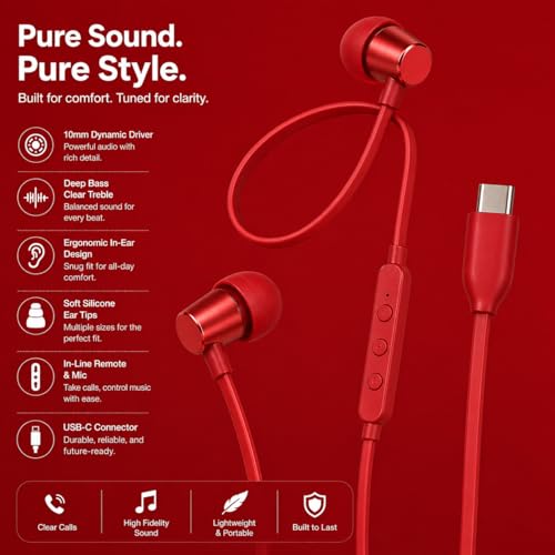 Image of Type C Wired Earphones for JBL Tun 310 C | High Fidelity Sound, Deep Bass, HD Calling Mic, Comfortable Fit, Strong Cable Compatible with All Type C Devices (RedRed)