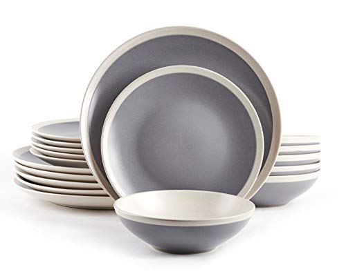 HomeVss Rock Ridge Speckled Stoneware Dinnerware Set (18pc Set, Light Grey and Ivory)