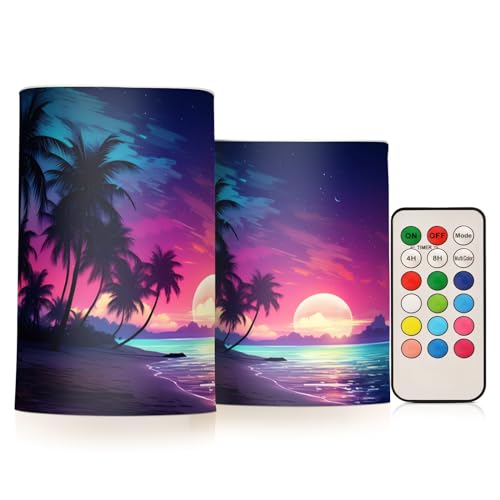 Image of Flickering Flameless Candles, Palm Tree Beach Tropical LED Candles with Remote Timer, Set of 2 Battery Operated Candle for Valentine Wedding Birthday