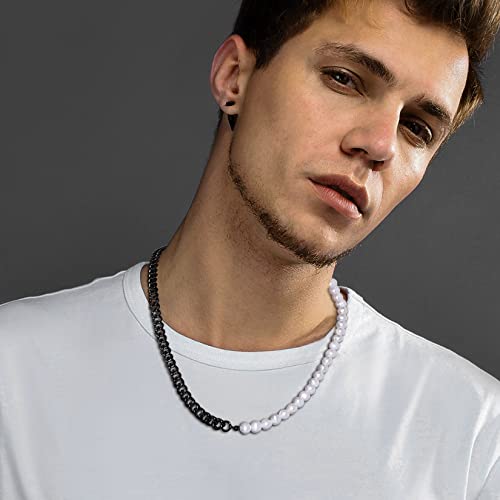 Men's Pearl Necklace Women Half Pearl Half Metal Link Chain Black Cuban Chain Pearls Stands Choker 17" #TOP3