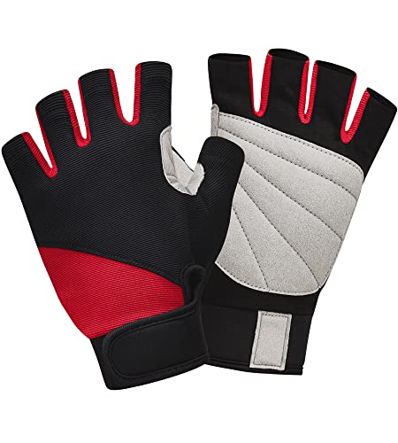 ChinFun Kayaking Gloves for Men Padded Palm Fingerless Gloves for Water Ski Canoeing Windsurfing Kiteboarding Sailing Jet Skiing and Stand-UP Paddle Boarding Red & Black S