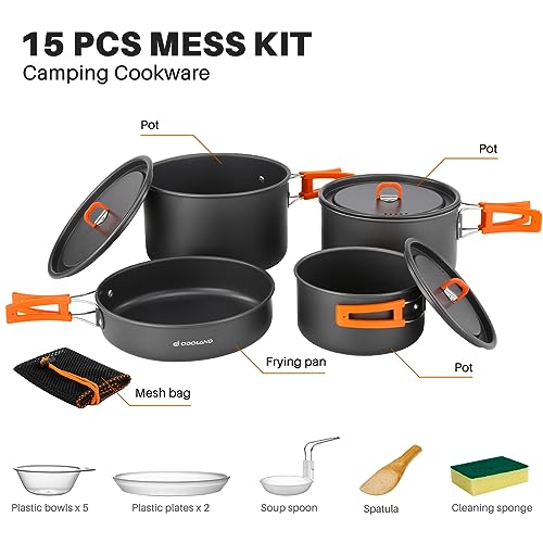 Odoland 15pcs Camping Cookware Non-Stick Lightweight Camping Pots and Pans Set with Plastic Plates Bowls Soup Spoon for Camping, Backpacking, Outdoor Cooking and Picnic - Thumbnail 3
