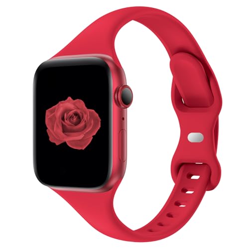 Image of Thin Slim Band Compatible with Apple Watch 38mm 40mm 41mm 42mm 44mm 45mm 46mm 49mm, Replacement Silicone Sport Strap for iWatch Series 11 /10 /9 /8 /7 /6 /5 /4 /3 /2 /1 Ultra SE Women Men, Red