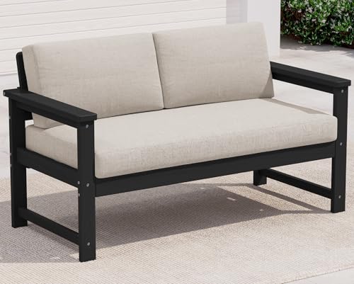 Image of SERWALL HDPE Outdoor Loveseat with Cushion, Outdoor Sectional Furniture Set | All Weather Use Patio Couch Sofa，Black Frame with Khaki Cushions